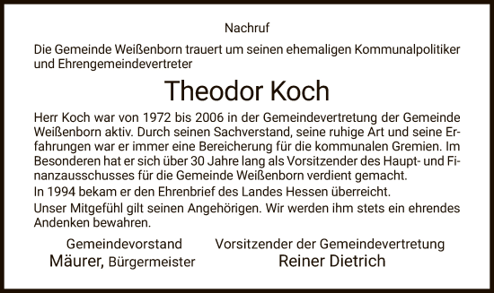 Traueranzeige von Theodor Koch von WRS