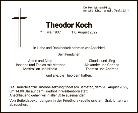 Traueranzeige von Theodor Koch von WRS