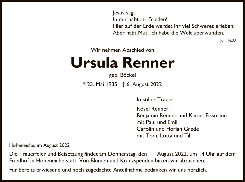  Traueranzeige für Ursula Renner vom 10.08.2022 aus WRS