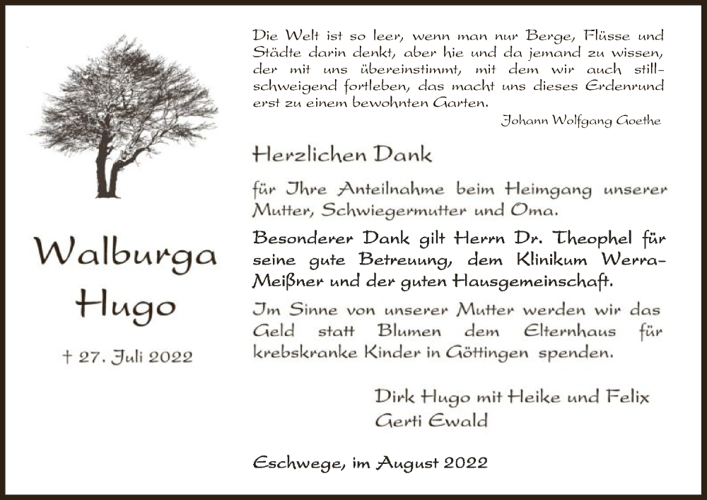  Traueranzeige für Walburga Hugo vom 20.08.2022 aus WRS