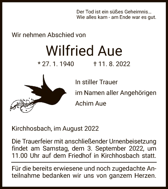 Traueranzeige von Wilfried Aue von WRS