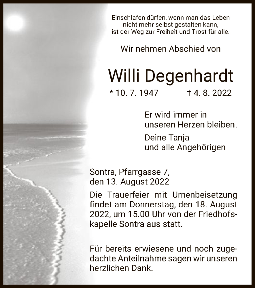  Traueranzeige für Willi Degenhardt vom 13.08.2022 aus WRS