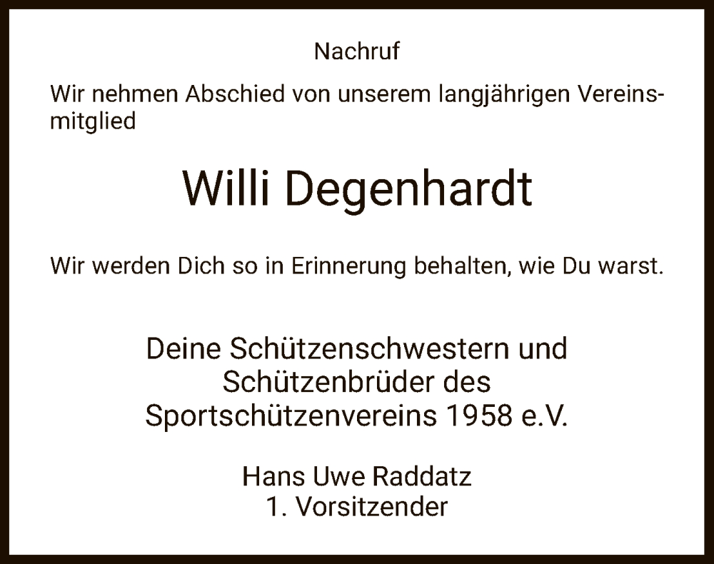  Traueranzeige für Willi Degenhardt vom 20.08.2022 aus WRS