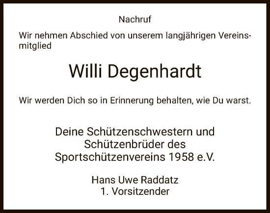 Traueranzeige von Willi Degenhardt von WRS