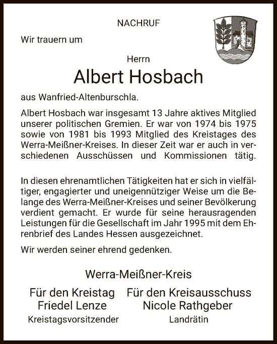 Traueranzeige von Albert Hosbach von WRS