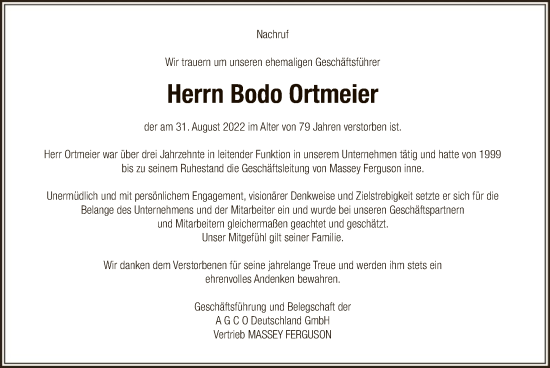 Traueranzeige von Bodo Ortmeier von WRS