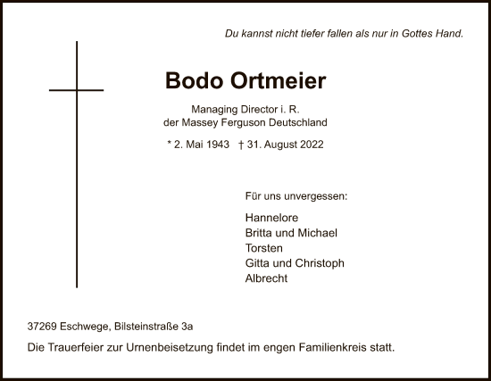 Traueranzeige von Bodo Ortmeier von WRS