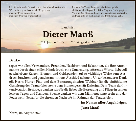 Traueranzeige von Dieter Manß von WRS