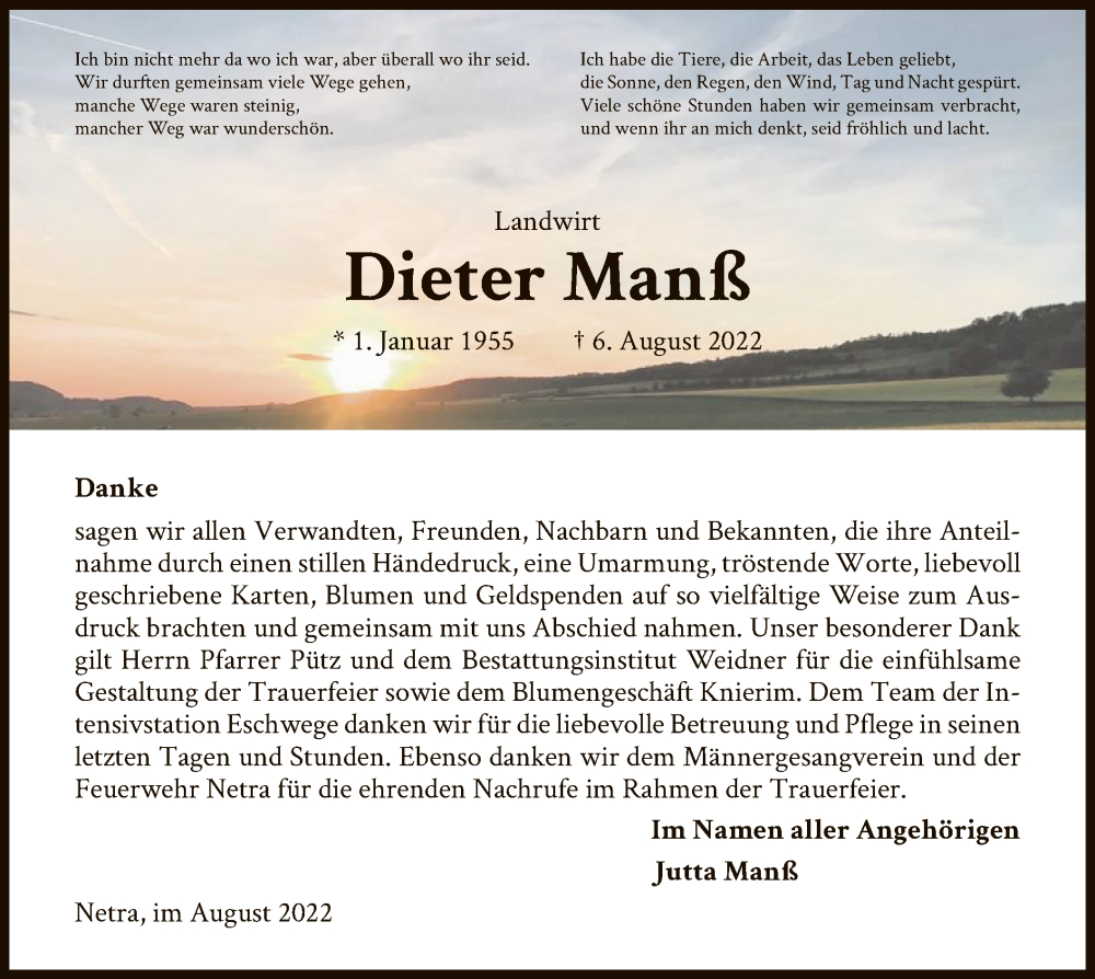  Traueranzeige für Dieter Manß vom 03.09.2022 aus WRS