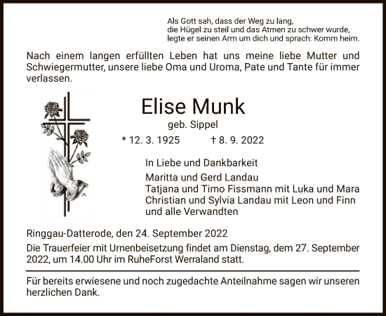 Traueranzeige von Elise Munk von WRS