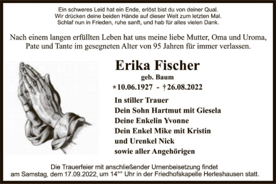 Traueranzeige von Erika Fischer von WRS