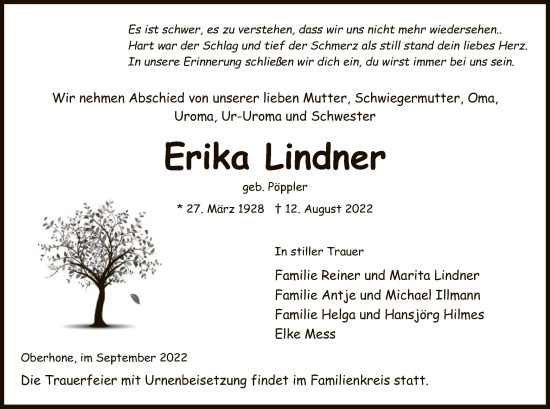 Traueranzeige von Erika Lindner von WRS