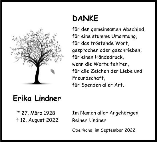 Traueranzeige von Erika Lindner von WRS