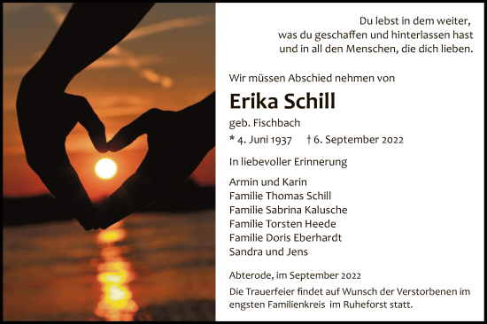 Traueranzeige von Erika Schill von WRS