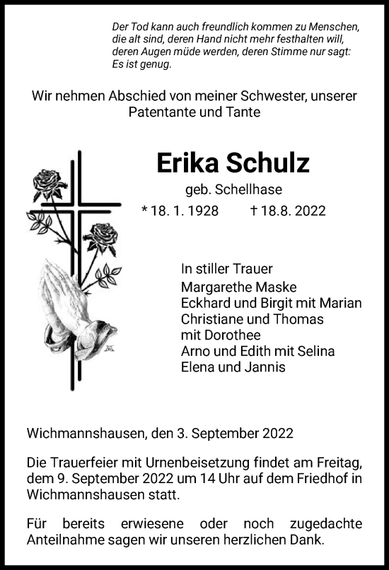 Traueranzeige von Erika Schulz von WRS