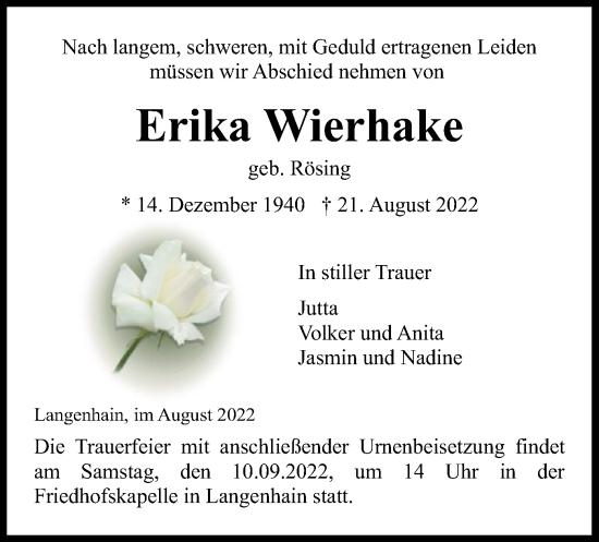 Traueranzeige von Erika Wierhake von WRS