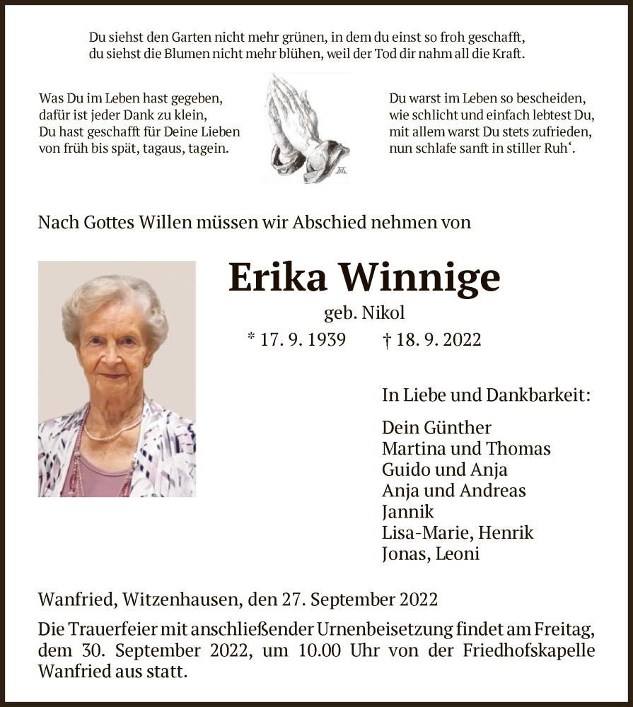  Traueranzeige für Erika Winnige vom 27.09.2022 aus WRS