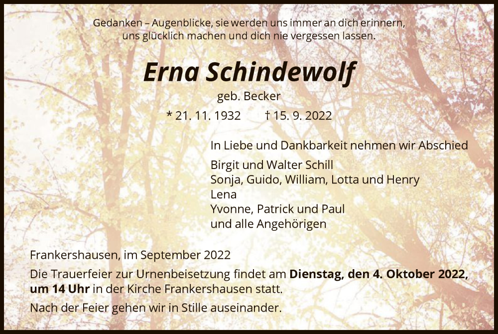  Traueranzeige für Erna Schindewolf vom 30.09.2022 aus WRS