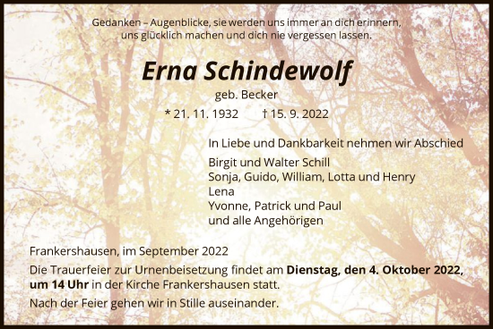 Traueranzeige von Erna Schindewolf von WRS