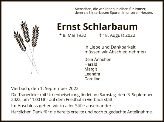 Traueranzeige von Ernst Schlarbaum von WRS