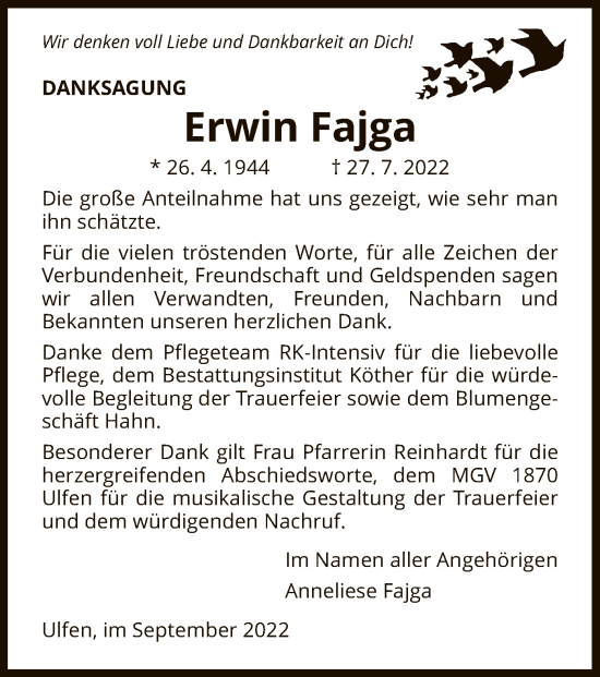 Traueranzeige von Erwin Fajga von WRS