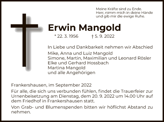 Traueranzeige von Erwin Mangold von WRS