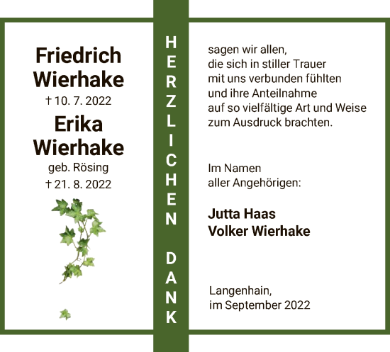 Traueranzeige von Friedrich und Erika Wierhake von WRS