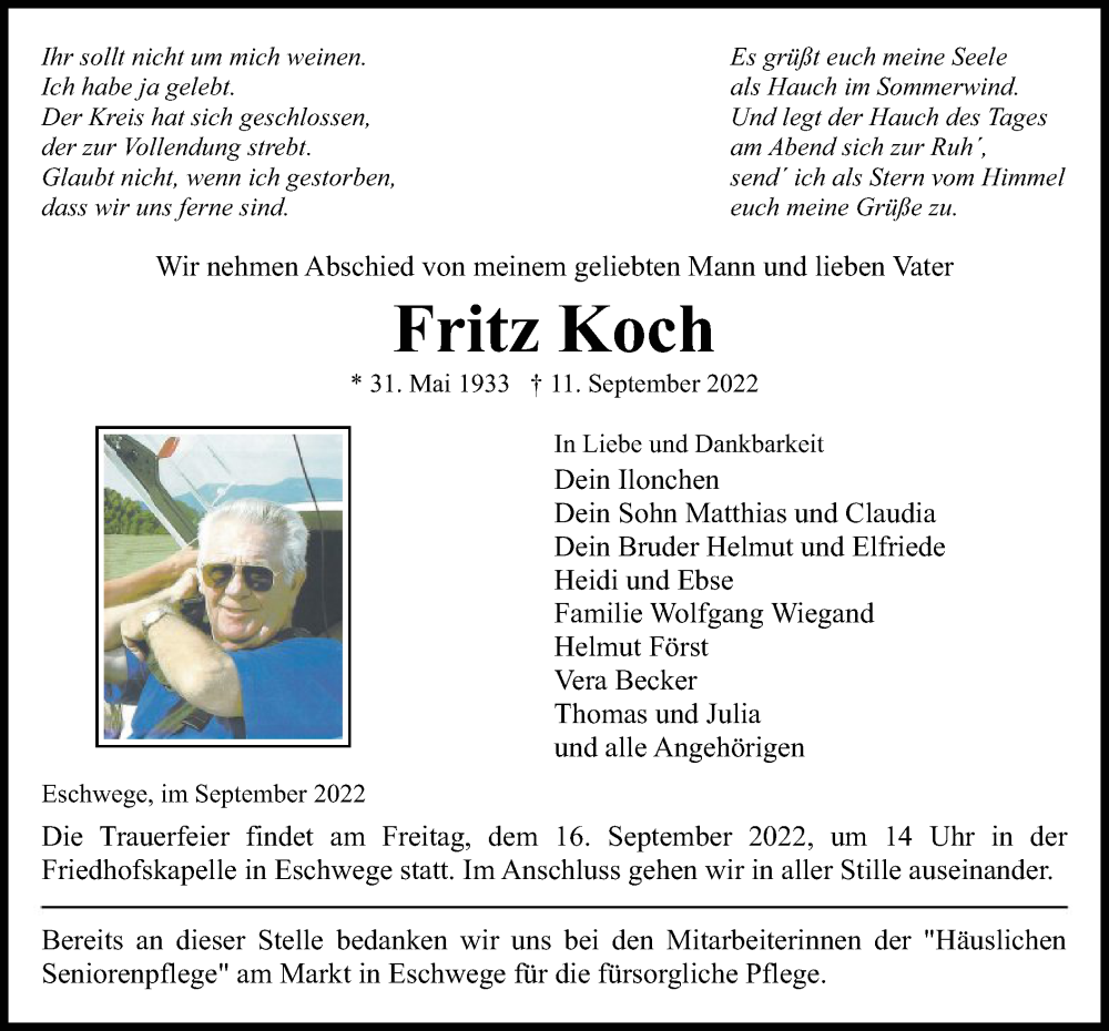  Traueranzeige für Fritz Koch vom 14.09.2022 aus WRS