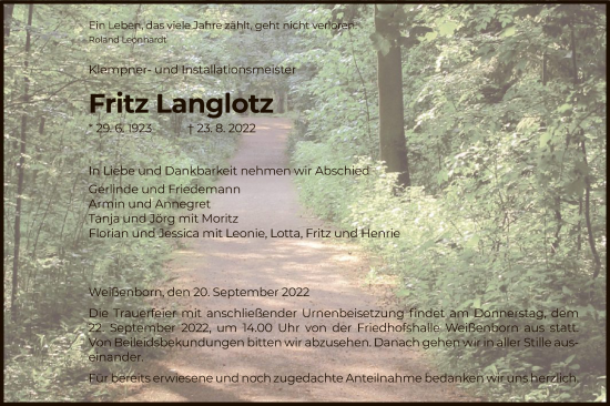 Traueranzeige von Fritz Langlotz von WRS