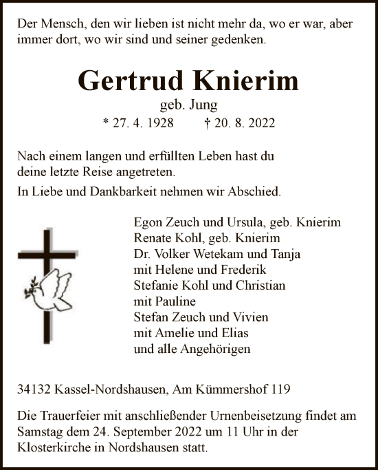 Traueranzeige von Gertrud Knierim von HNA