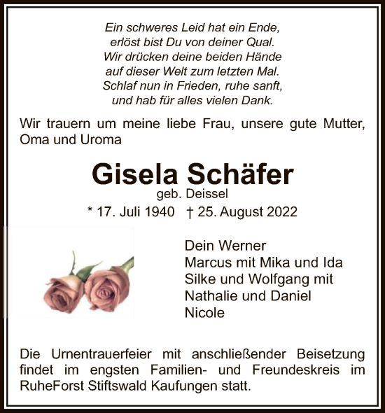 Traueranzeige von Gisela Schäfer von WRS