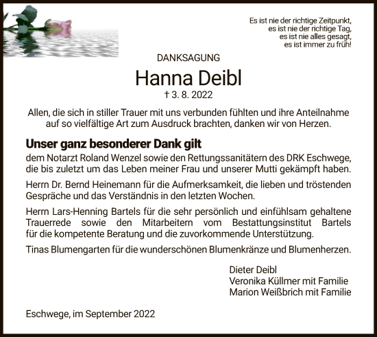 Traueranzeige von Hanna Deibl von WRS