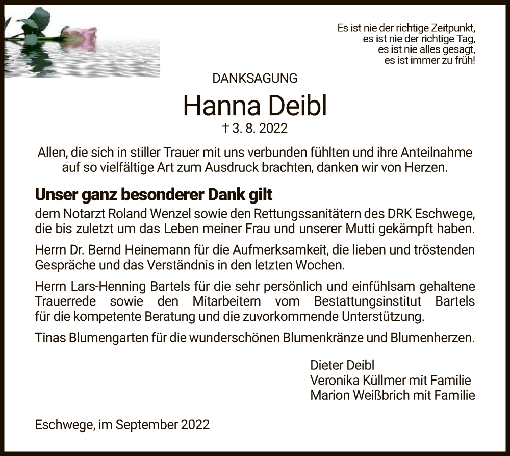  Traueranzeige für Hanna Deibl vom 10.09.2022 aus WRS