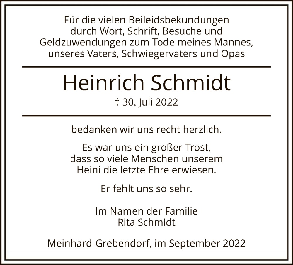  Traueranzeige für Heinrich Schmidt vom 03.09.2022 aus WRS