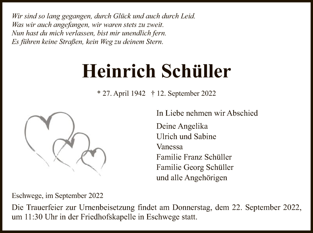  Traueranzeige für Heinrich Schüller vom 15.09.2022 aus WRS