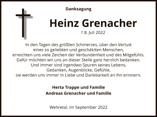 Traueranzeige von Heinz Grenacher von WRS