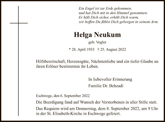 Traueranzeige von Helga Neukum von WRS