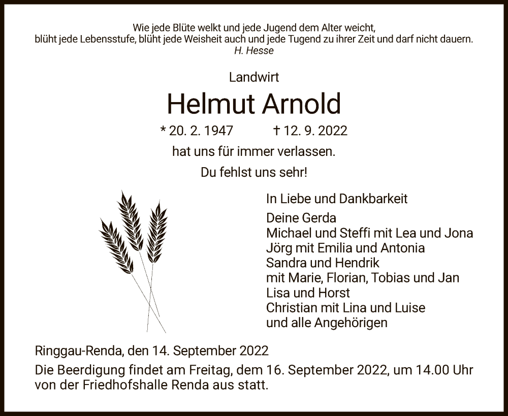  Traueranzeige für Helmut Arnold vom 14.09.2022 aus WRS