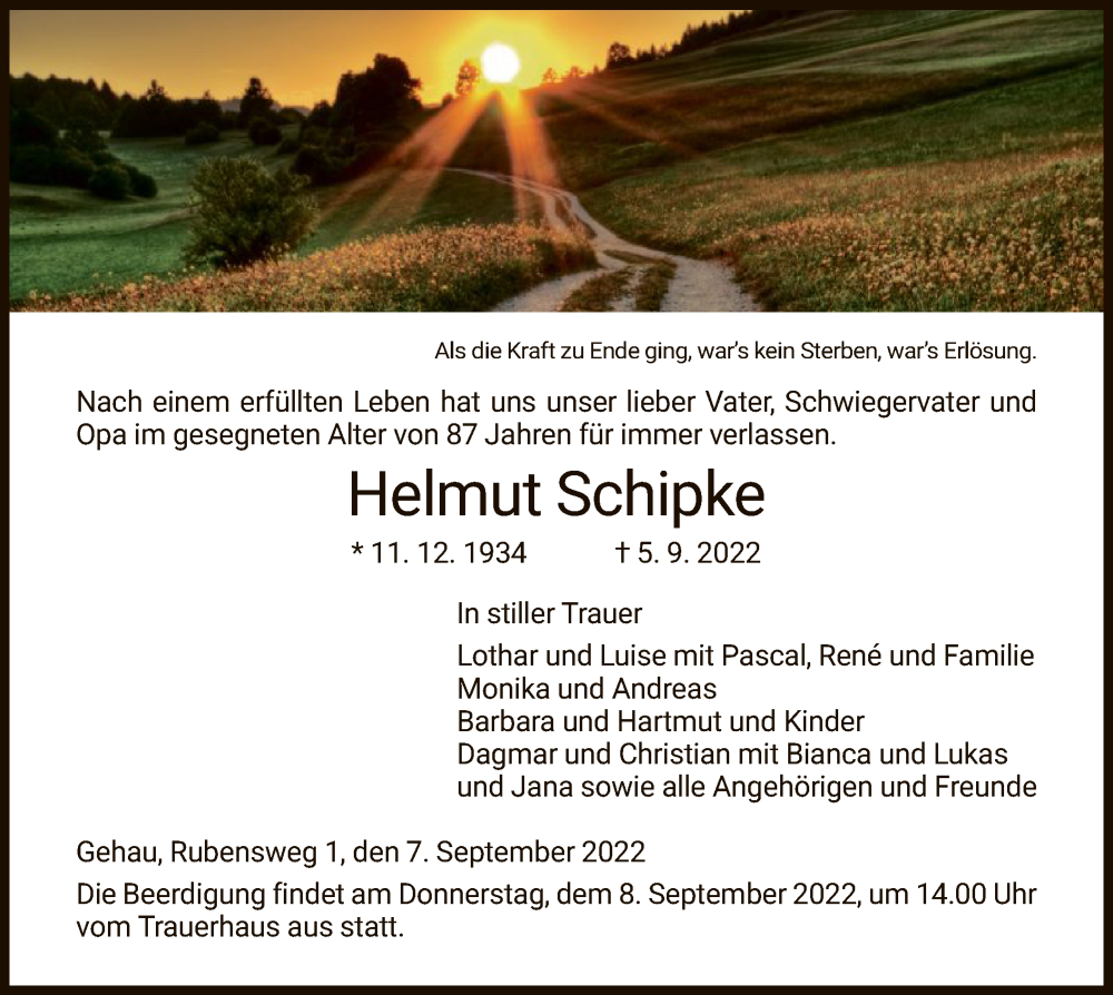  Traueranzeige für Helmut Schipke vom 07.09.2022 aus WRS