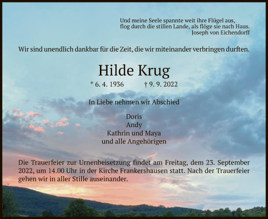 Traueranzeige von Hilde Krug von WRS