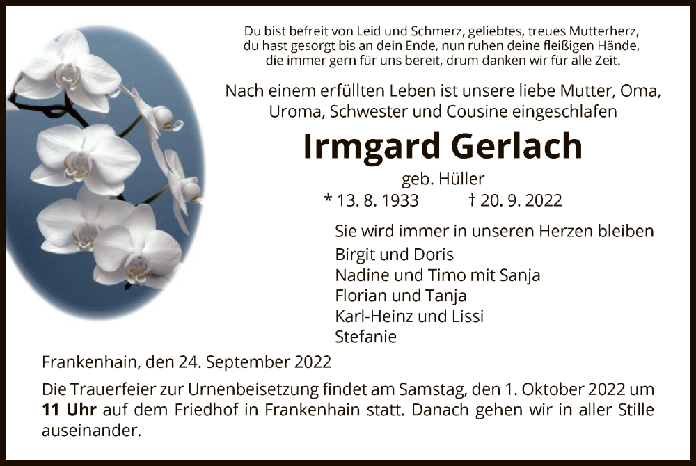  Traueranzeige für Irmgard Gerlach vom 24.09.2022 aus WRS