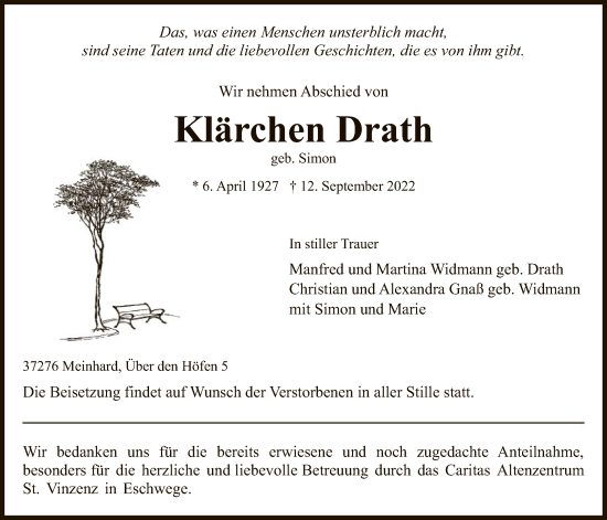 Traueranzeige von Klärchen Drath von WRS