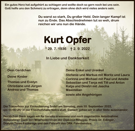 Traueranzeige von Kurt Opfer von WRS