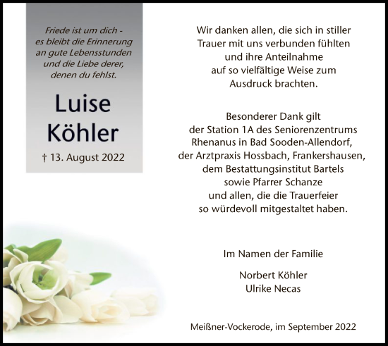 Traueranzeige von Luise Köhler von WRS