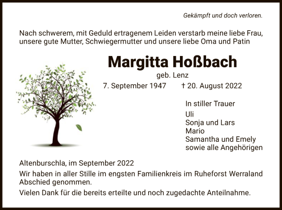 Traueranzeige von Margitta Hoßbach von WRS