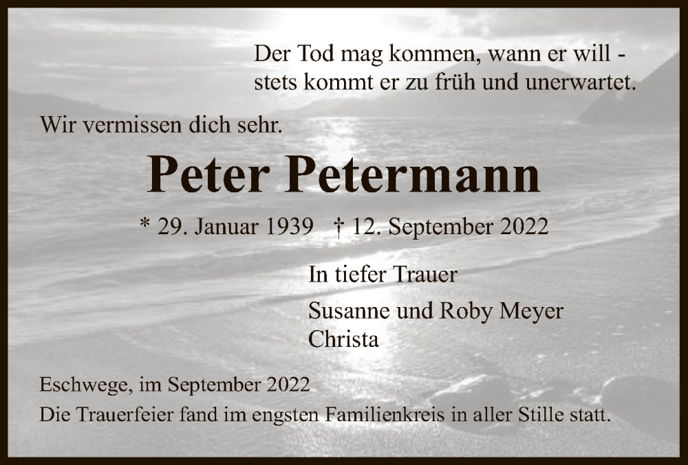  Traueranzeige für Peter Petermann vom 17.09.2022 aus WRS