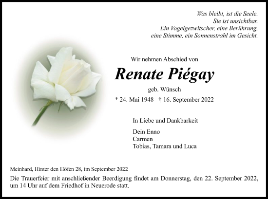 Traueranzeige von Renate Piegay von WRS