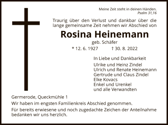 Traueranzeige von Rosina Heinemann von WRS