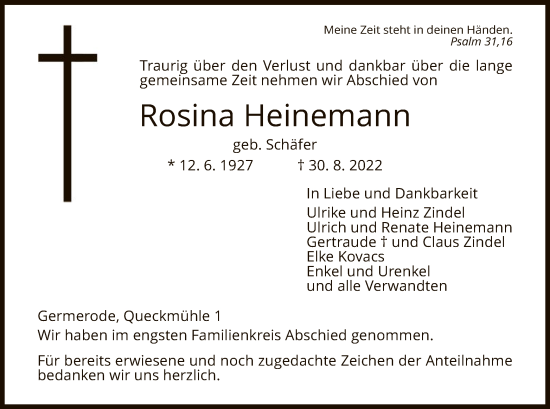 Traueranzeige von Rosina Heinemann von WRS