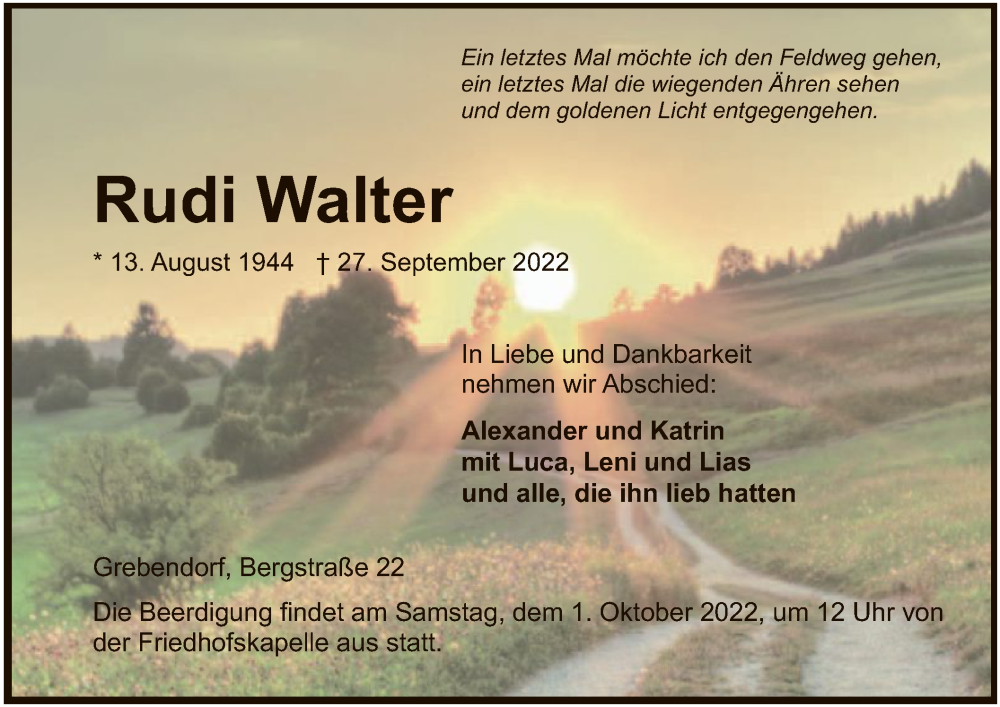  Traueranzeige für Rudi Walter vom 29.09.2022 aus WRS